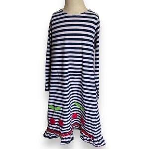 Funtasia! Too Girls Dress Size 6X Navy Blue White Striped Dress Cherries Ruffle